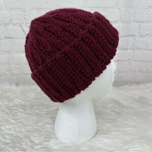 Handmade Burgundy Cable Knit Beanie Hat Women Maroon‎ Winter Cuffed Cap